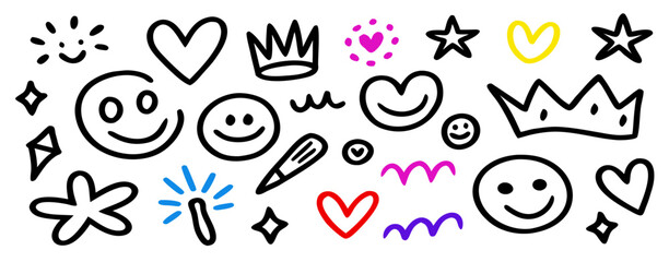 Hand-drawn doodles: hearts, crowns, stars, smiley faces, and more