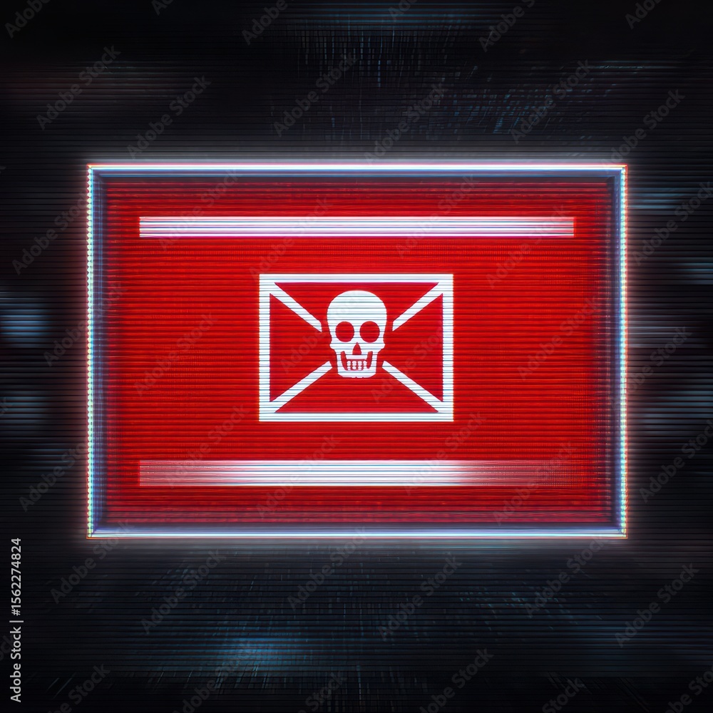 Poster digital representation of a warning sign featuring a skull symbol on a red background with a distort
