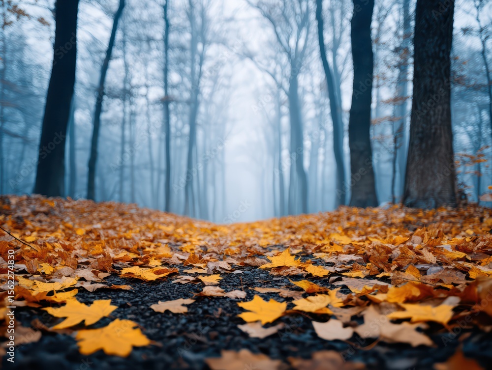 Poster tranquil autumn path in misty forest with colorful fallen leaves and towering trees in soft light