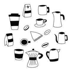Coffee Icons Collection – Minimal Vector Pack with Mugs, Cups, Beans, Filter, Moka Pot, Kettle, To-Go Cup and Accessories