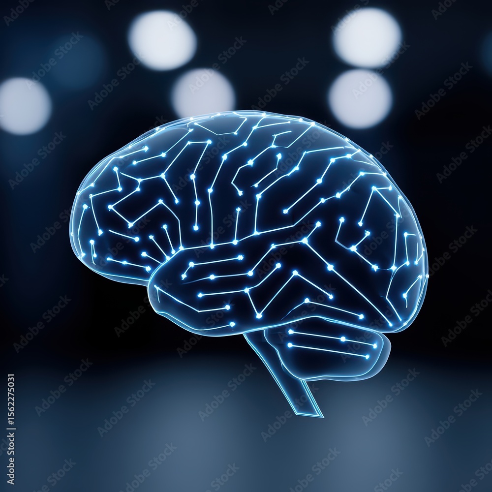 Poster futuristic digital brain with circuit patterns and glowing connections against a dark background