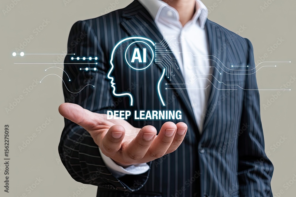 Poster businessman holding a glowing neural network and ai symbol representing deep learning and artificial