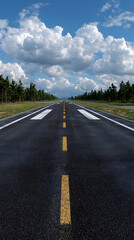 Fototapeta premium Empty asphalt runway under blue sky with clouds airport