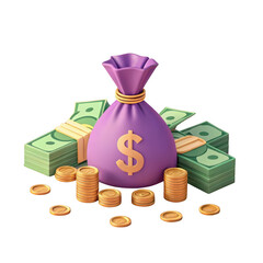 Purple money bag with dollar sign surrounded by stacks of cash and coins isolated on transparent background