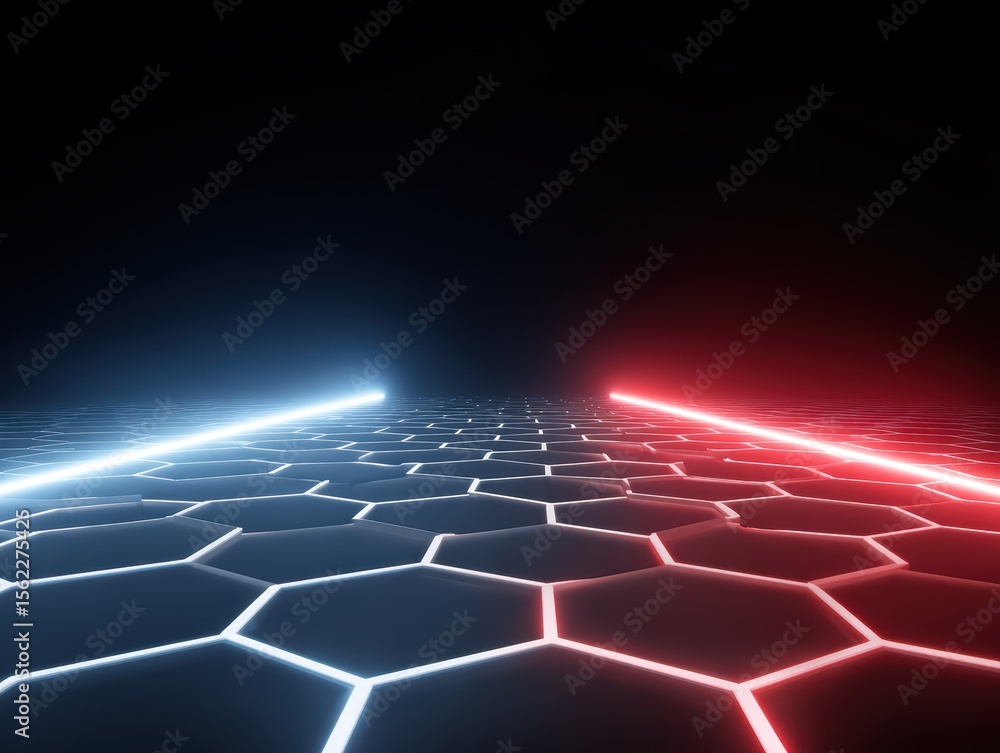Aufkleber futuristic hexagonal pattern with blue and red neon lights in a dark background