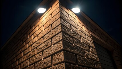 Fototapeta premium Nighttime Exterior: Illuminated Brick Corner, Modern Architectural Detail, Warm Lighting