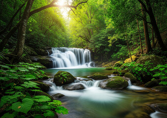Lush green forest waterfall cascading over mossy rocks into clear stream surrounded by vibrant foliage in peaceful natural landscape
