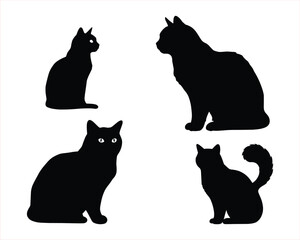 Four Black Cat Silhouettes Against a White Background, Simple, elegant silhouettes of four cats in various poses.