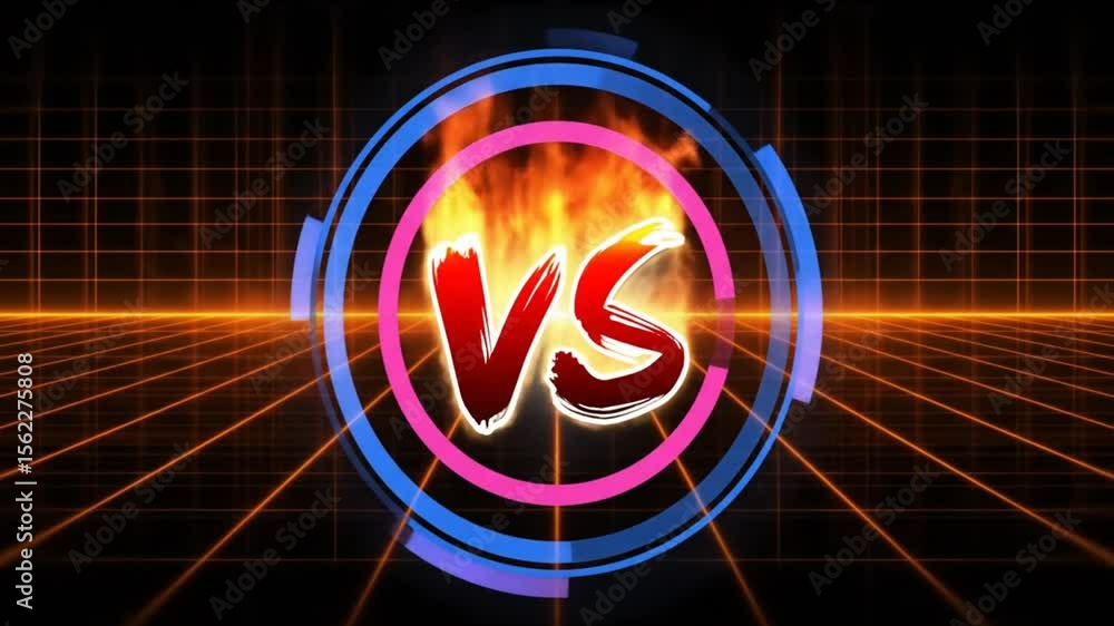Poster animated versus battle title card with fiery letters and futuristic grid background.