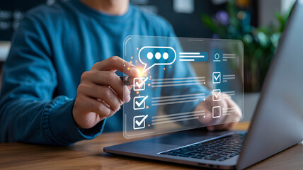 Businessman Completes Online Checklist using Laptop, showcasing a modern virtual interface for tasks and efficient project management.