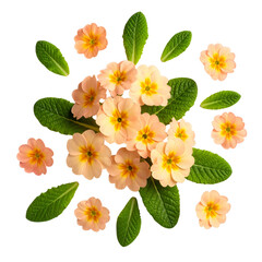 Naklejka premium Romantic Flat Lay of Peach Primula Blossoms with Foliage, White Background
