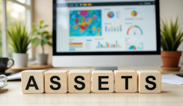 Business assets including tangible and intangible resources that hold financial value for company operations and investments with copy space