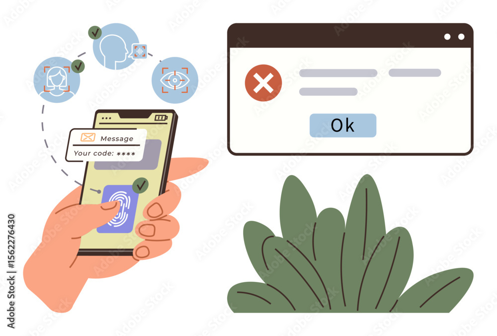 Poster hand completing smartphone fingerprint scan and text code for mfa process, alongside error pop-up. i