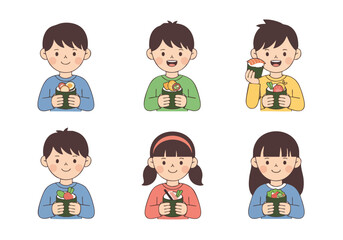 Cute Handdrawn Children Eating Sushi Japanese Food Character Illustration