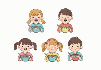 Cute Handdrawn Children Eating Cereal Cartoon Illustration Character