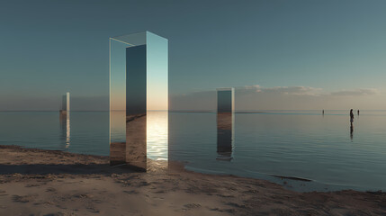 poster layout for minimalist festival | industrial meditation | detached serenity | chrome and navy | vertical gradient framing | color-separated modules | hollow core structuring | vacuum-molded