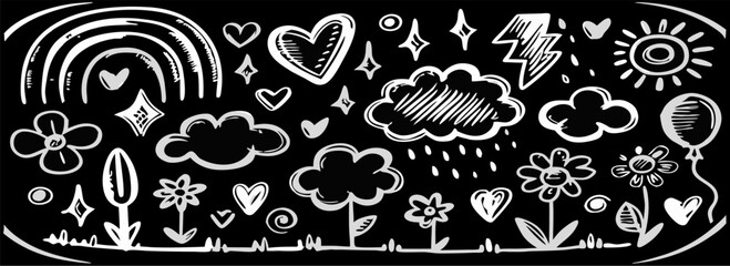 Hand-Drawn Doodle Collection: Rainbow, Hearts, Clouds, Flowers
