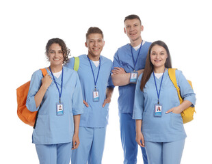 Group of happy medical students on white background
