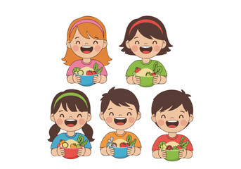 Cartoon Style Smiling Children Holding Cup Illustration Set on White Background