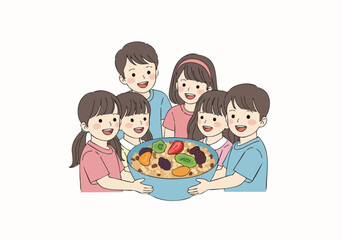 Flat Illustration Happy Family Holding Big Bowl of Healthy Food