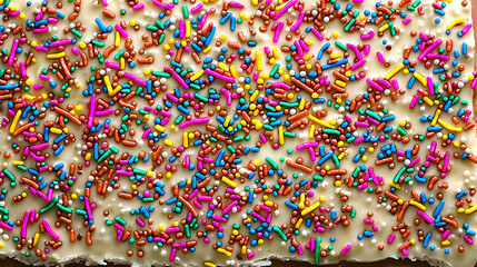 Sweet treat, covered in colorful sprinkles.  A frosted baked good,  densely decorated with a variety of  bright candies