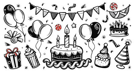Hand-drawn Birthday Party Doodle Collection: Cakes, Balloons, & More