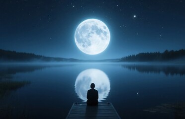Fototapeta premium Full moon reflected in lake at night, person on dock under misty stars, cinematic scene for peaceful inspiration or science visuals