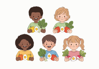 Flat Illustration Children Holding Fresh Vegetable Healthy Nutrition