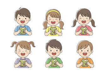 Cute Handdrawn Diverse Children Holding Delicious Sandwich Food Illustration