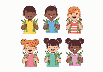 Diverse Group of Happy Children Holding Green Beans Illustration