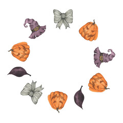 Round frame with Halloween composition. Hand drawn watercolor illustration with pumpkin, hat, bow and leaves. Halloween card or invitation design.