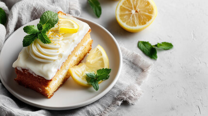 Slice of lemon cake with creamy white frosting, lemon wedges and fresh mint leaves on plate over light background. Sweet dessert.