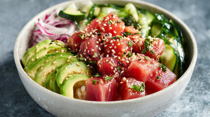poke bowl with tuna, avocado, and sesame seeds