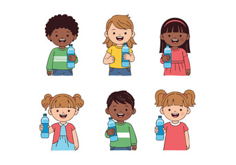 Cartoonish Diverse Group of Children Holding Water Bottle Illustration