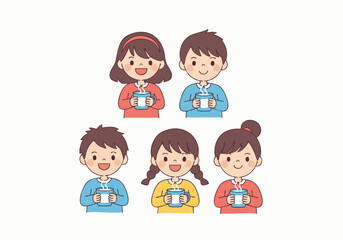 Cartoon Handdrawn Children Holding Cups with Warm Drinks Illustration
