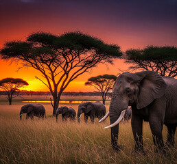 Fototapeta premium Herd of African elephants walking through tall grass near acacia trees at vibrant sunset in savanna landscape wildlife scenery 