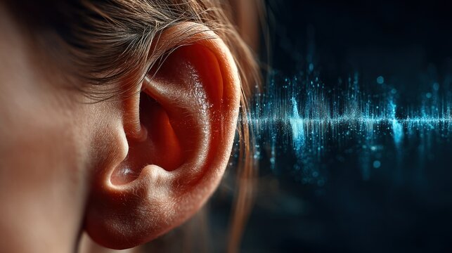 Ear close-up, soundwave visual, hearing concept - Powered by Adobe