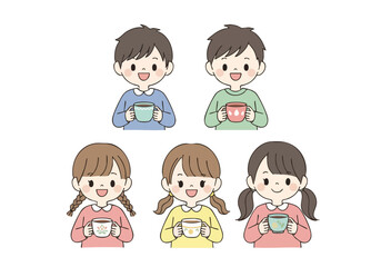 Cute Handdrawn Children with Coffee Cups Various Color Drink Illustration