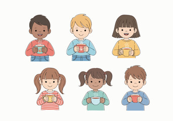 Pixelated Group of Children Holding Warm Drinks Illustration Characters