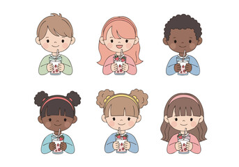 Cute Flat Cartoon Characters Illustration of Diverse Children Drinking Milkshake