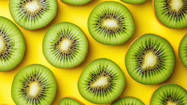 Fresh green kiwi fruit slices arranged on bright yellow background in vibrant flat lay composition. Healthy tropical food concept. Colorful pattern.