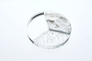 A three-section petri dish with textures of cream, cosmetic oil and serum.