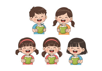 Cartoon Style Cheerful Children Holding Coconut Drink Illustration Set