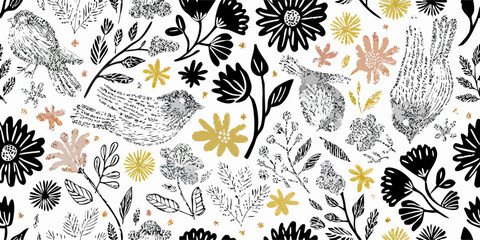 Floral Bird Seamless Pattern: Black, White, & Gold