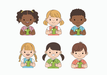 Flat Cartoon Illustration Diverse Children Holding Green Apple Fruit Education