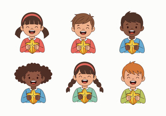 Cartoon Diverse Children Holding a Gold Star Illustration Graphic Asset