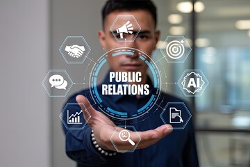 Man holding a digital interface displaying public relations with icons representing communication strategy data analysis and artificial intelligence