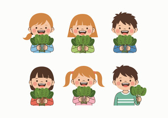 Cute Cartoon Style Children Holding Broccoli Vegetable Healthy Eating Illustration