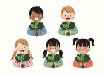 Cute Cartoon Diverse Children Holding Spinach Bunch Vegetables Illustration