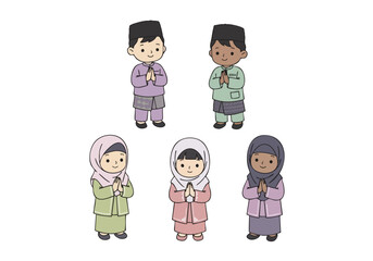 Cartoon Illustration Smiling Muslim Kids Boy and Girl Character Illustration